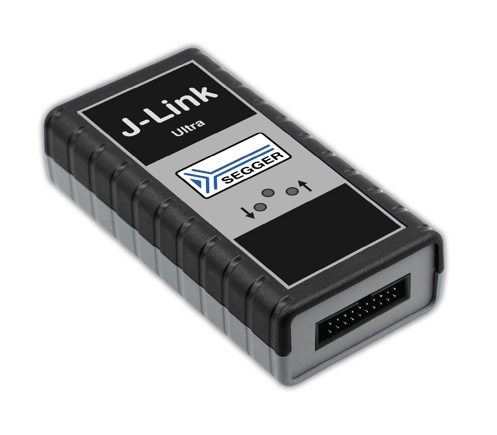 A J-Link Ultra programming device is shown, featuring a rectangular shape with a primarily black and gray color scheme. The top includes the text "J-Link Ultra" and the SEGGER logo, along with several indicator symbols. The device connects to electronics for programming and debugging purposes.