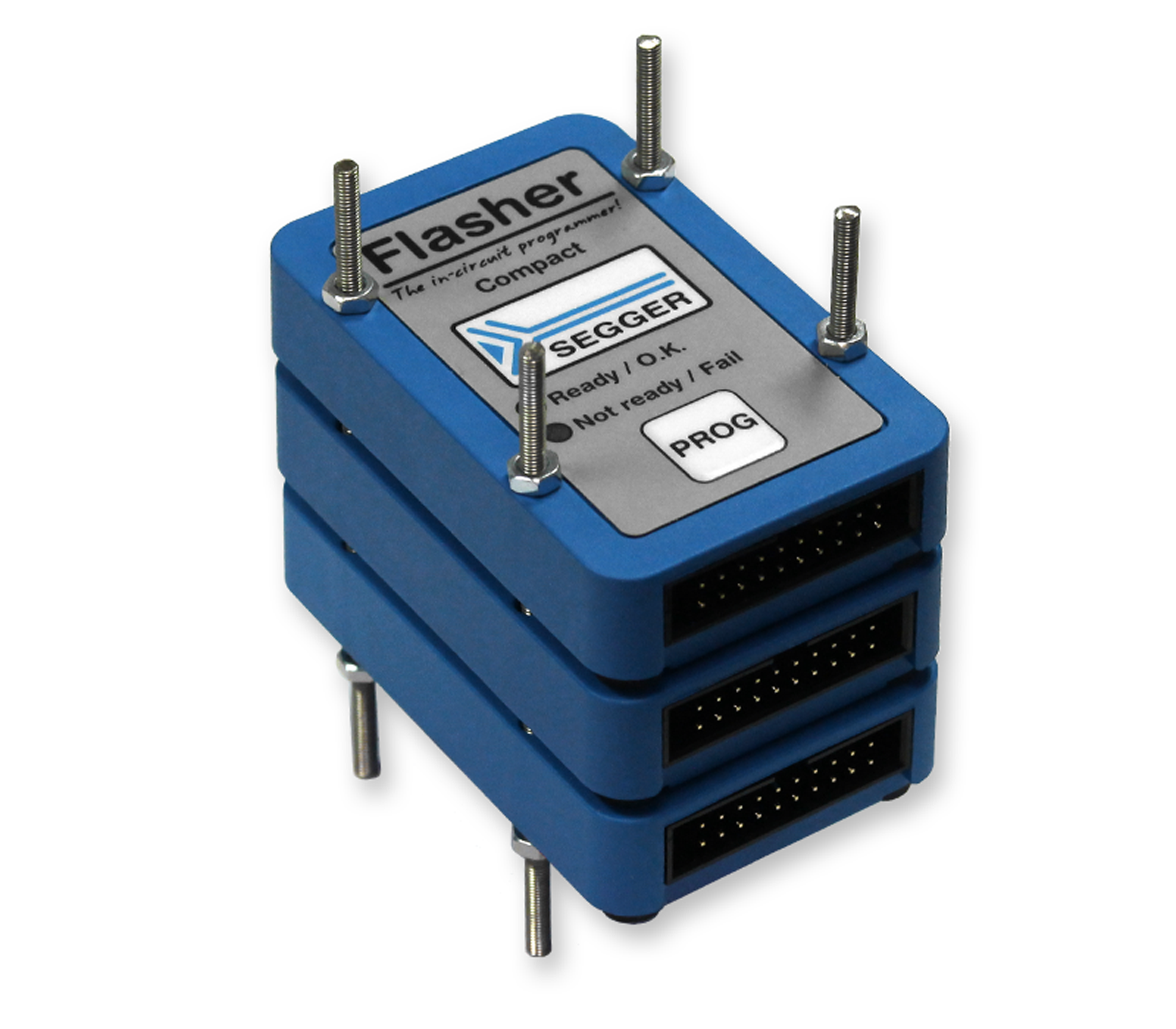 A blue rectangular device with three stacked sections, labeled "Flasher" and "SEGGER," designed for in-circuit programming. It features indicator lights for status and a "PROG" button. The device has multiple connector ports on one side, used for connecting to other hardware.
