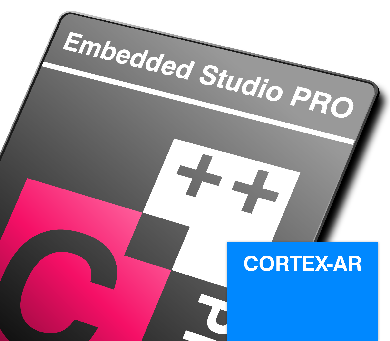 Logo for Embedded Studio PRO, featuring a prominent pink "C" and plus signs, indicating programming capabilities. In the lower right corner, a blue box reads "CORTEX-AR." The design emphasizes embedded software development for ARM devices.