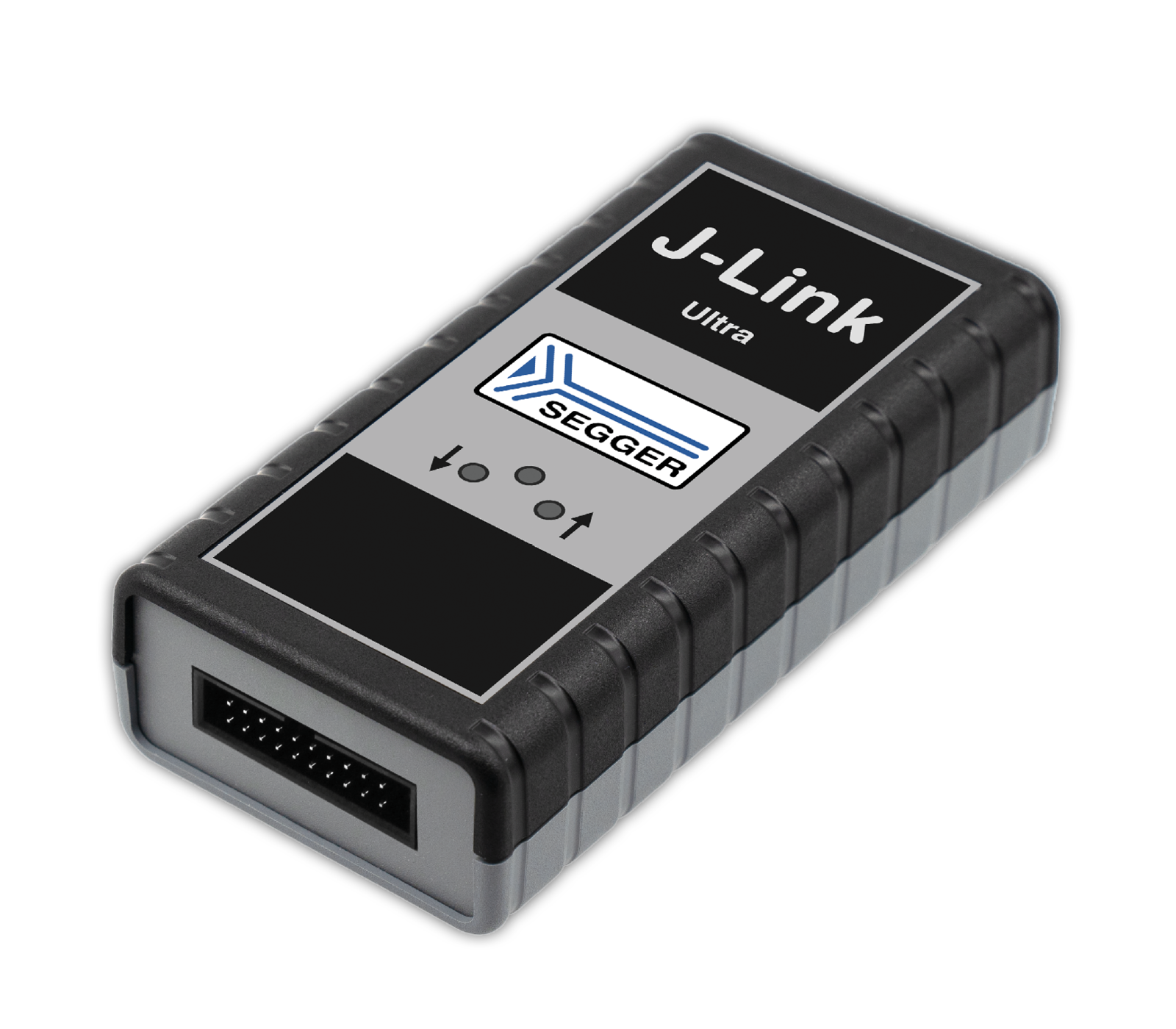 The image displays a SEGGER J-Link Ultra, a compact debugging and programming device for embedded systems. The device features a black casing with a gray section that includes the brand name and logo, along with indicator symbols for functionality.