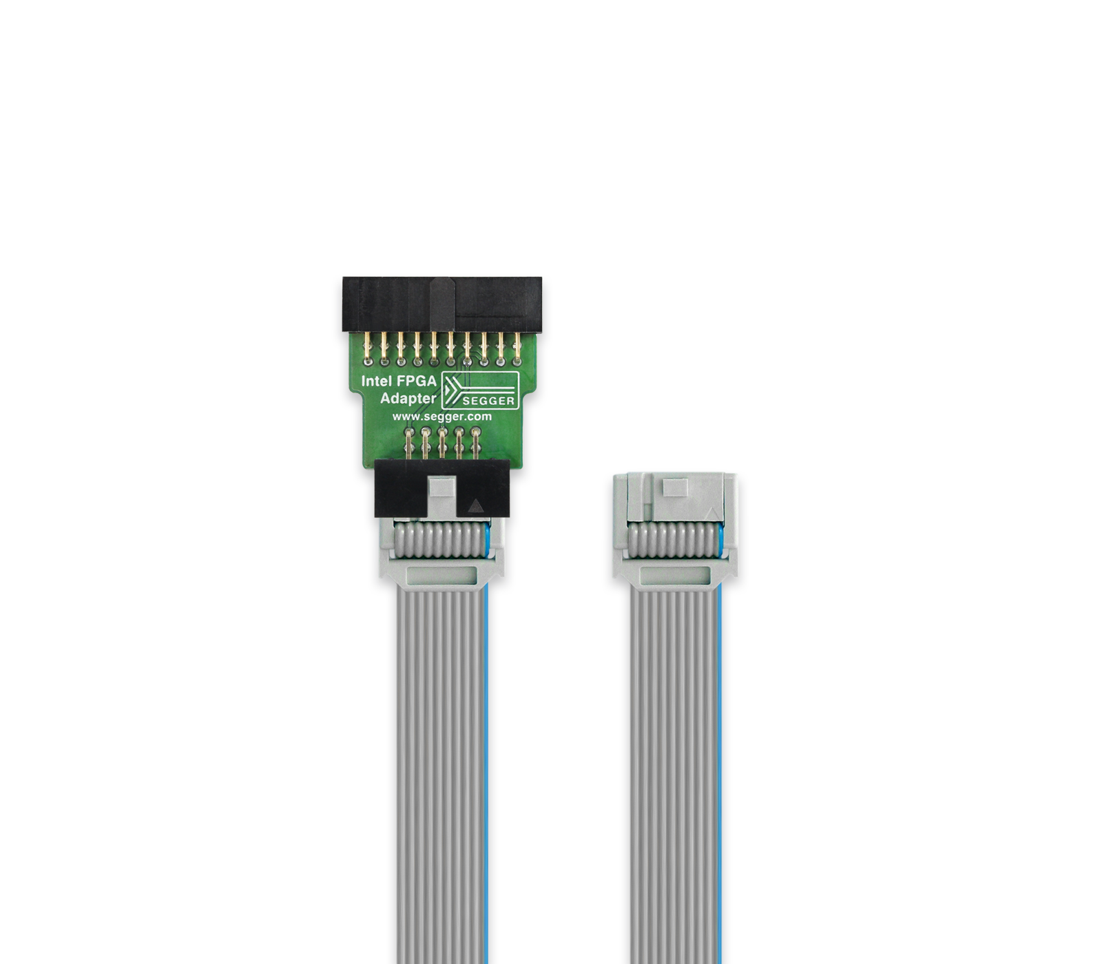 An Intel FPGA adapter is shown, featuring a green circuit board with multiple pins on one end and a flat ribbon cable on the other. The adapter is designed for connecting to FPGA devices and includes a manufacturer's logo and website link.