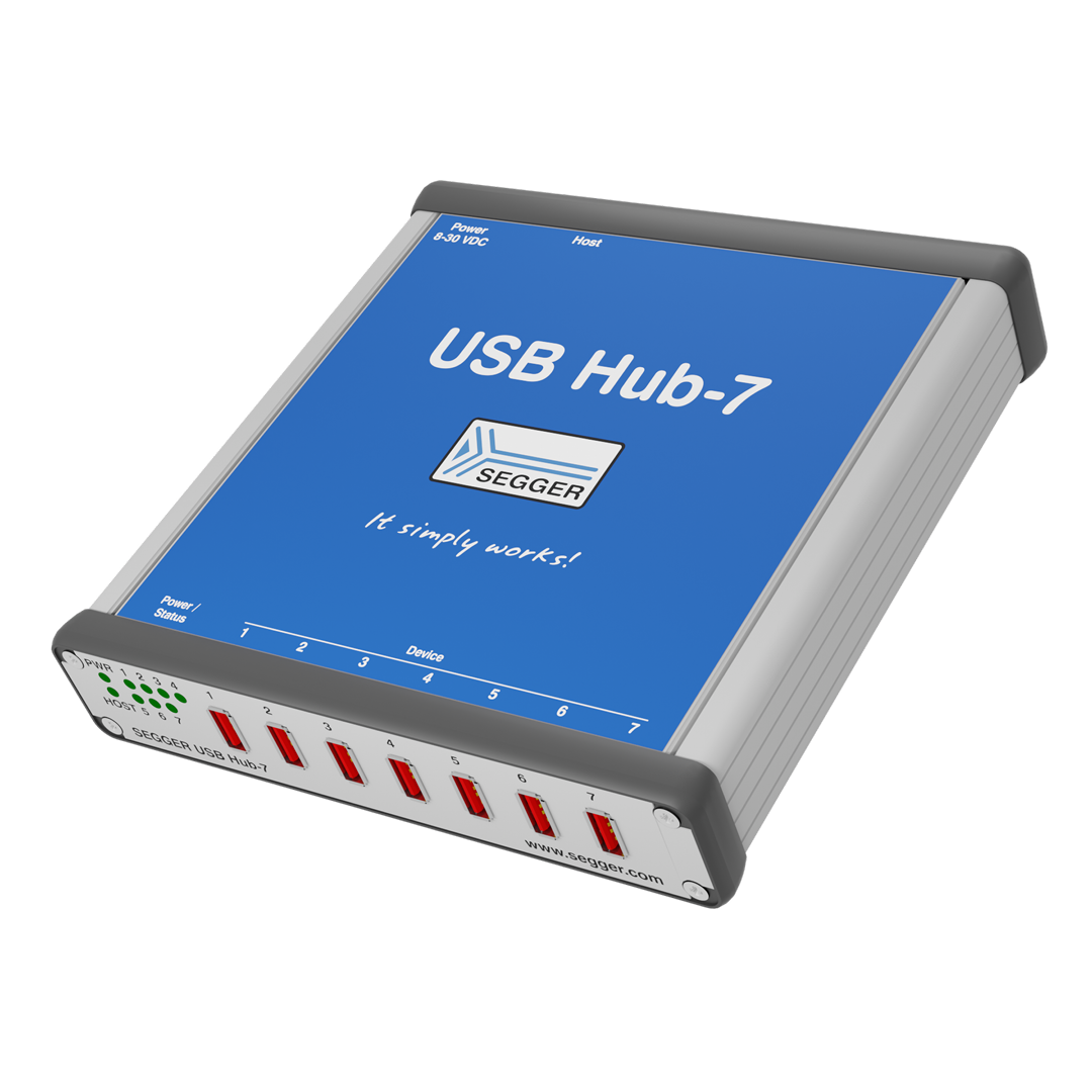 A blue USB Hub-7 device with the SEGGER logo on the top. The front features seven USB ports, labeled 1 to 7, and indicators for power and status. The tagline "It simply works!" is visible on the top surface.