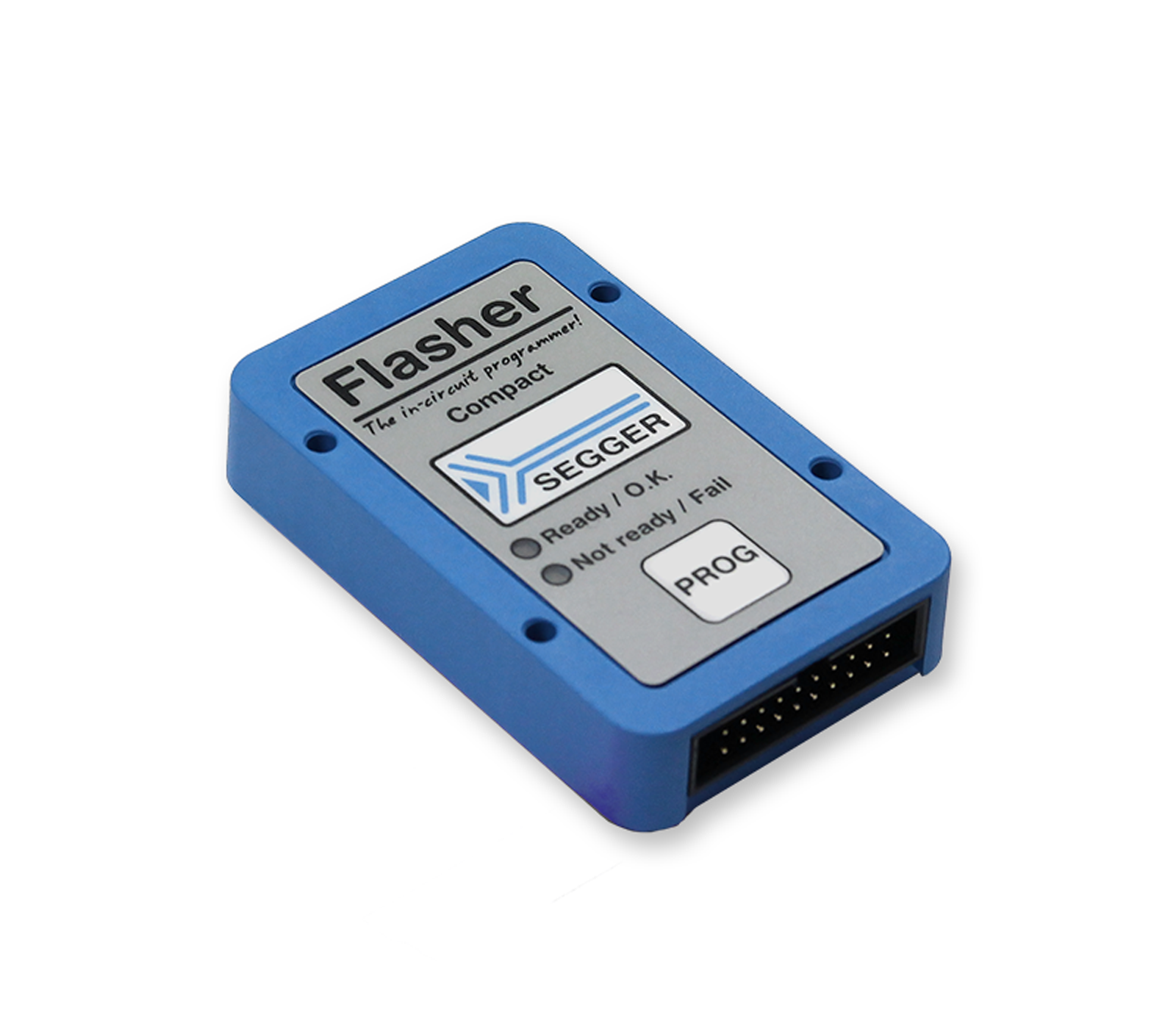 A compact blue device labeled "Flasher" by SEGGER is displayed. It features status indicators: "Ready / O.K." and "Not ready / Fail," along with a button labeled "PROG." The device is designed for in-circuit programming.