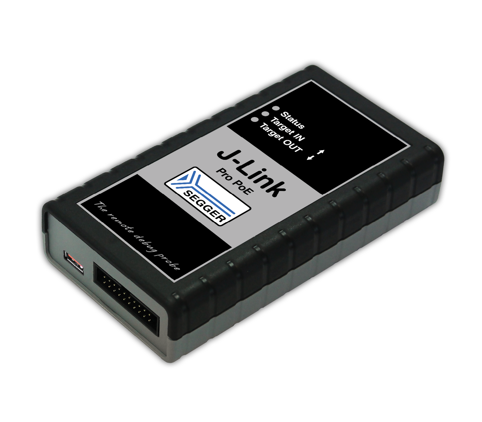 A compact black device with a gray panel, labeled "J-Link Pro PoE" from SEGGER. It has indicator lights for status, target input, and target output, along with a USB port and a 20-pin connector for debugging electronic systems.