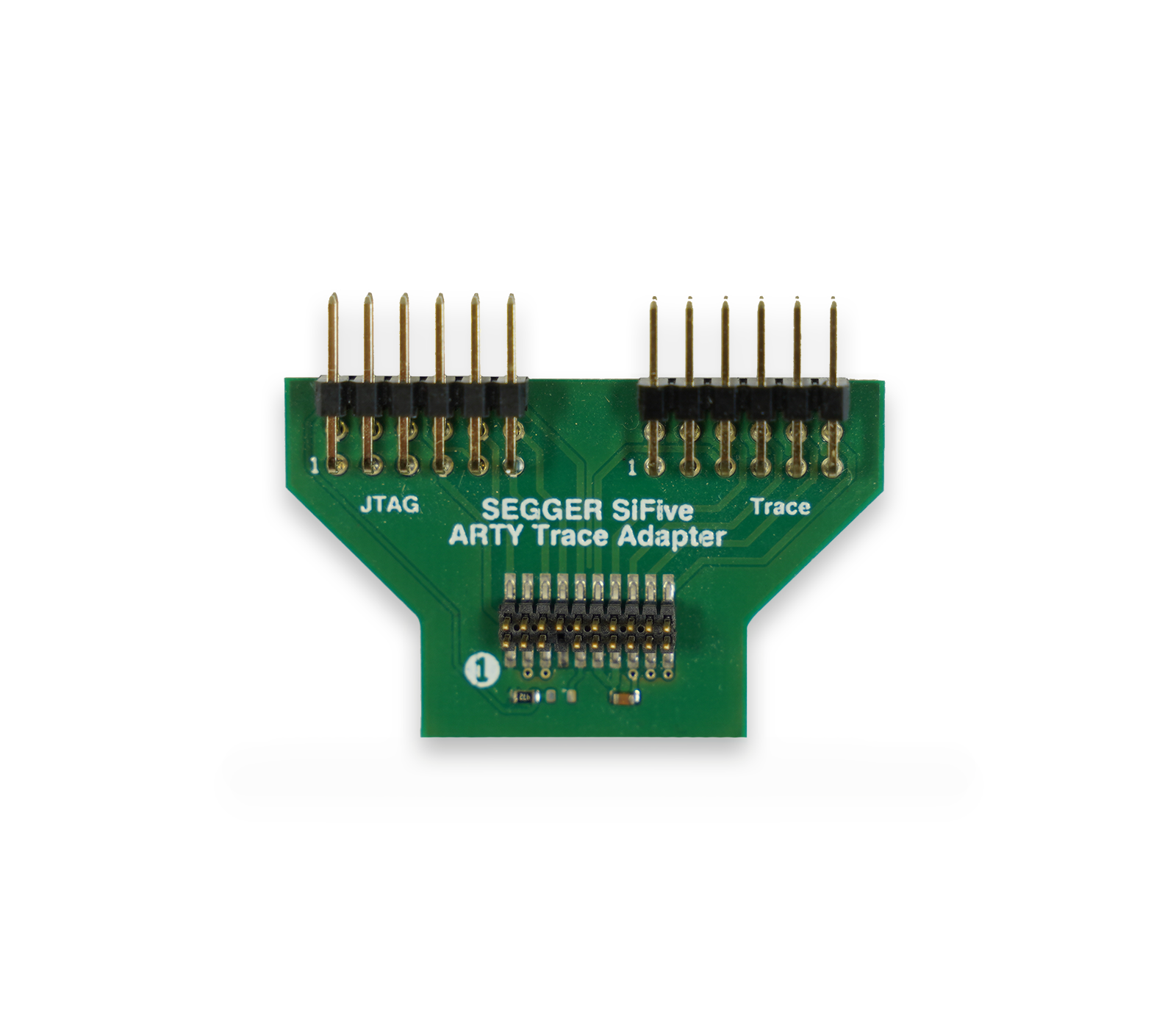 A green circuit board with multiple pins and a central connector labeled "SEGGER SiFive ARTY Trace Adapter." The board features markings for "JTAG" and "Trace" along with a sequence of electrical connections, designed for interfacing with electronic devices.